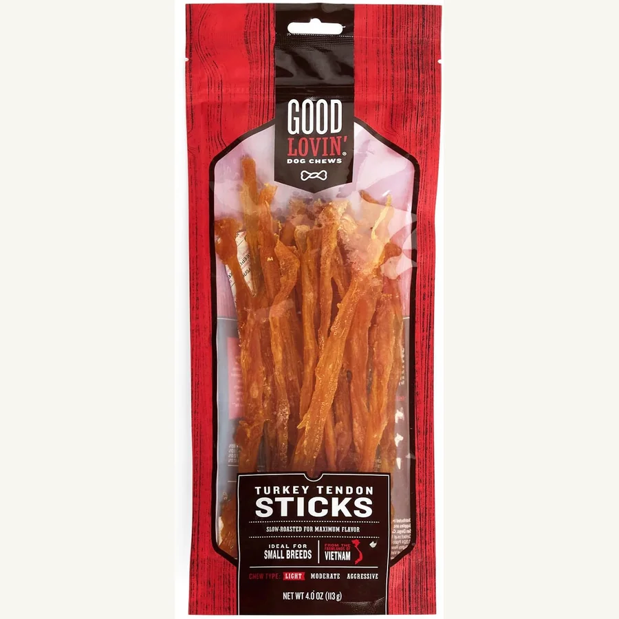 Good Lovin turkey tendon sticks dog chews four ounce bag